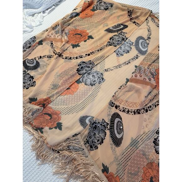 Daniel Rainn Kimono M/L Swimsuit Coverup Fringe Floral Orange Blue - Picture 3 of 3